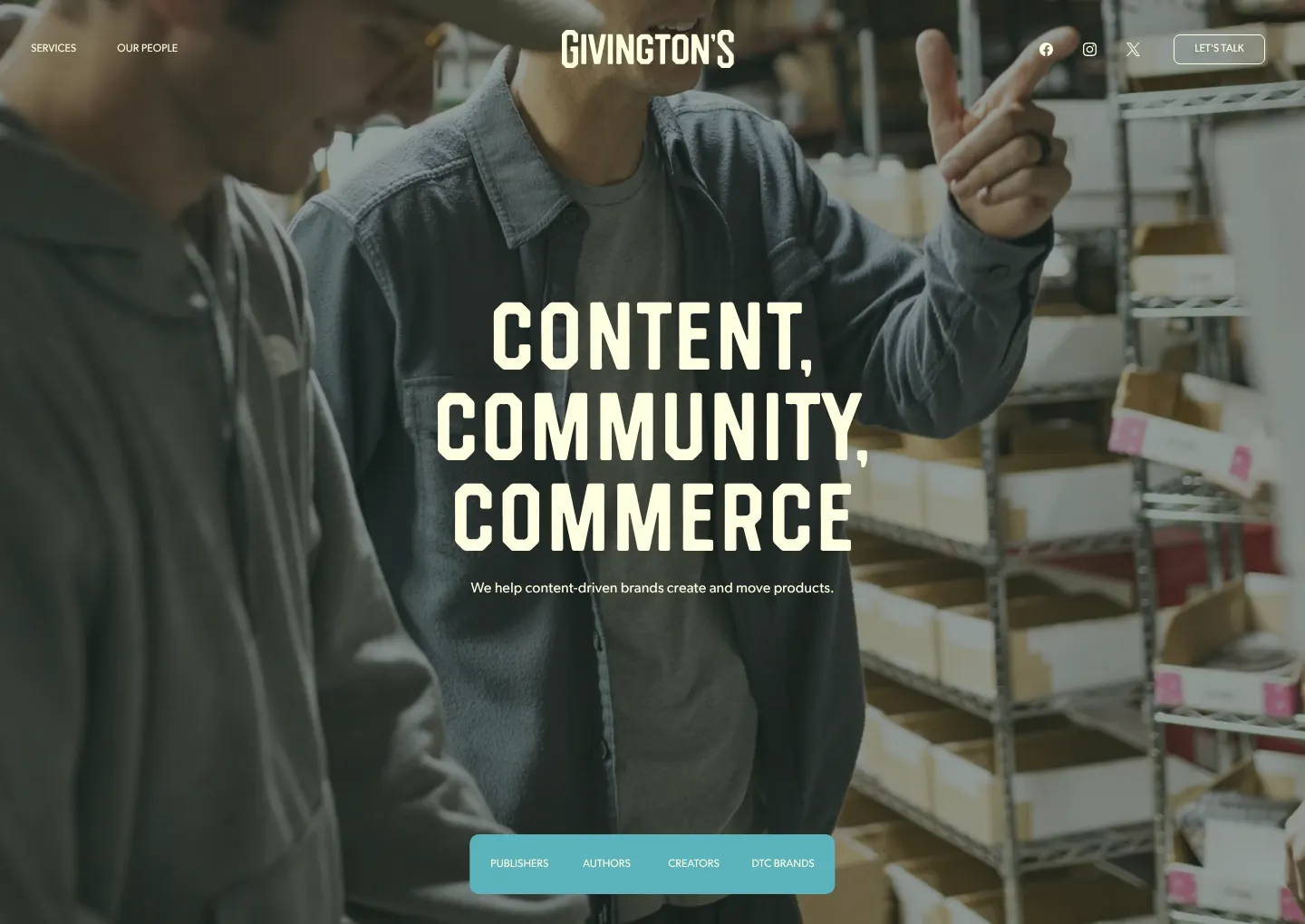 Website hero: content, community, commerce over a warehouse photo, with the audience switcher